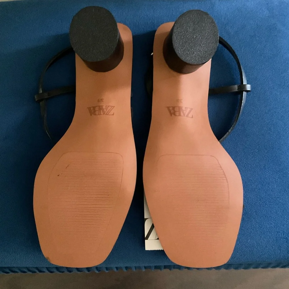 Zara Black Strappy heel Sandals with Brown Footbed